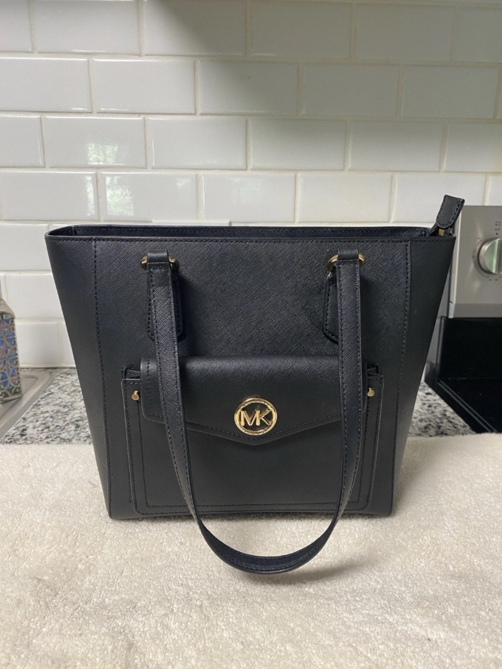 Michael Kors Black Saffiano Tote with Gold MK Accent